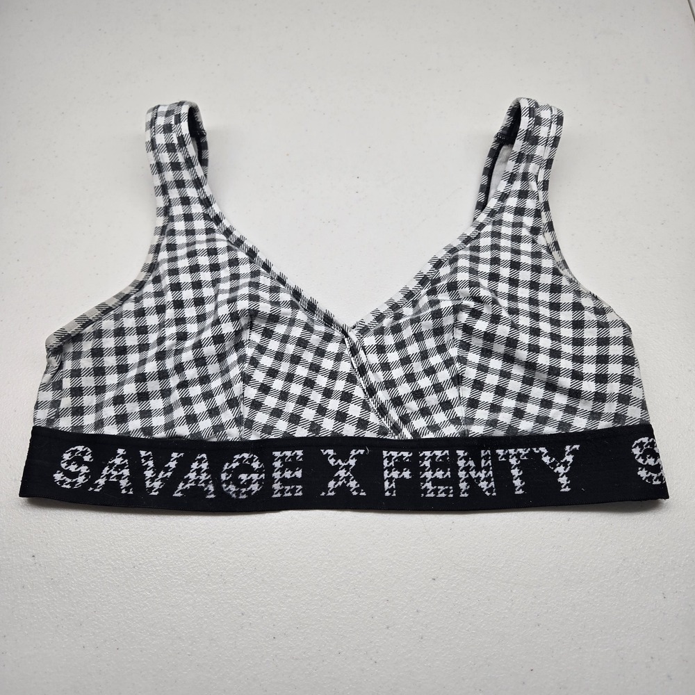 Savage X Fenty Women Bra XL Black White Gingham Bralette Wireless Jersey READ